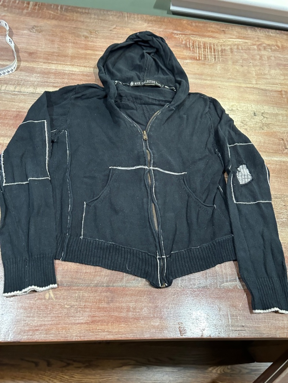 Vintage Destroyed Black Zip-Up Hoodie with White Accents by Nice Collective